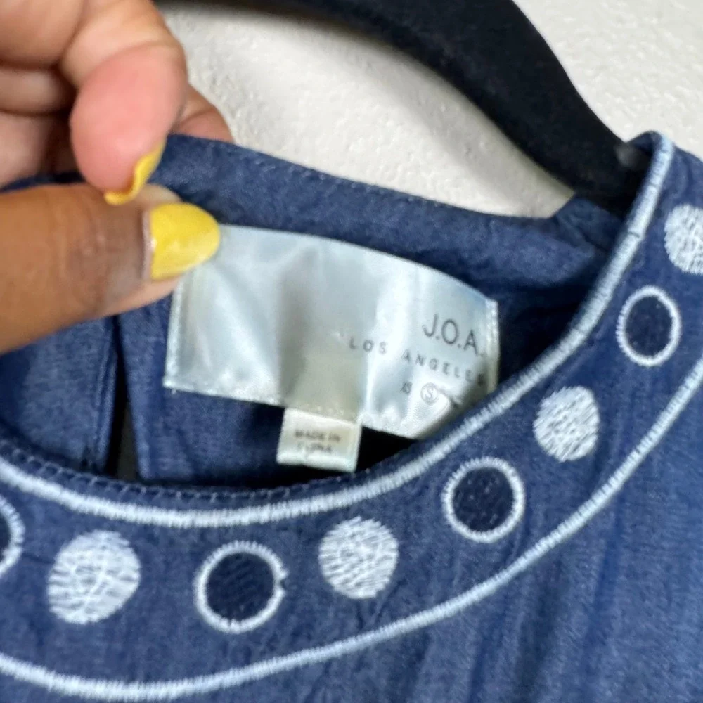 J.O.A Embroidered Denim Dress Open Back Boho Fit Flare Mini S
